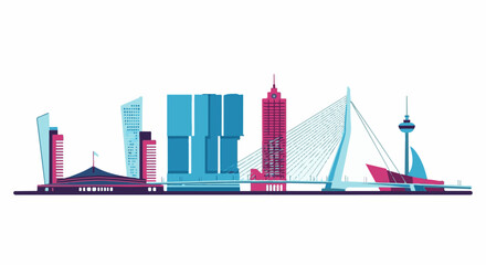 Obraz premium Stylized cityscape with modern buildings, a distinctive bridge, and a tower