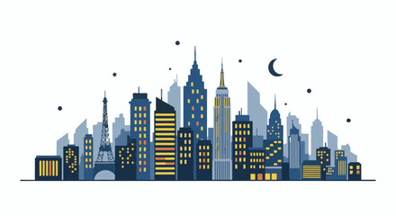 Obraz premium Stylized city skyline at night with iconic tower and crescent moon