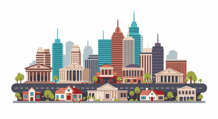 Obraz premium Stylized cityscape with residential homes and public buildings