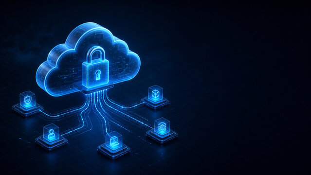 Zero-trust cloud security lock with data streams on dark tech background, copy space