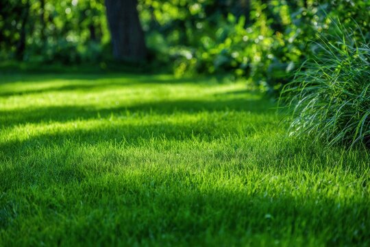 Lush green lawn with natural daylight and shadow pattern