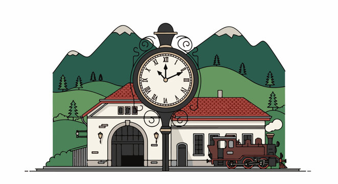 Vintage train station scene with a clock tower and mountainous background