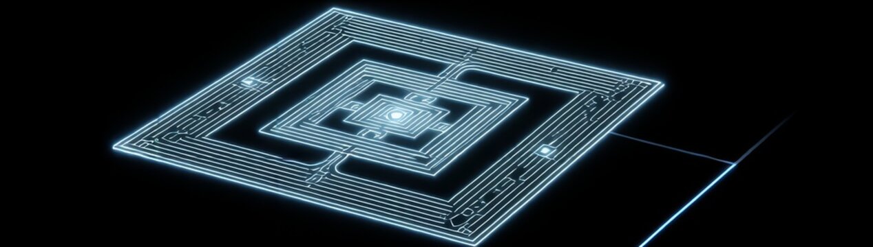 Quantum circuit design showcase technology lab digital visualization futuristic environment aerial perspective