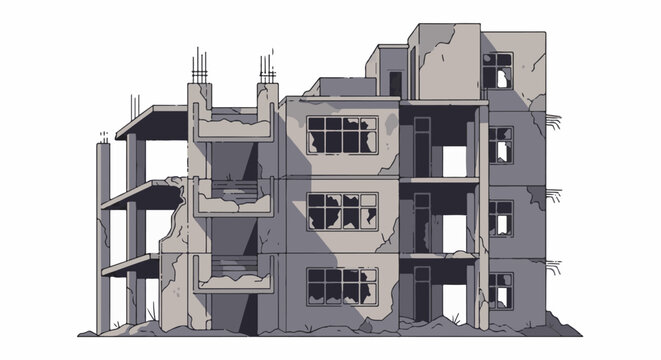 Dilapidated concrete building with shattered windows and exposed rebar