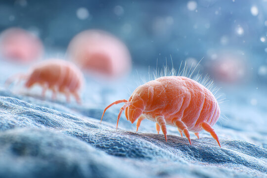 Magnified dust mites illustration on textured fabric surface