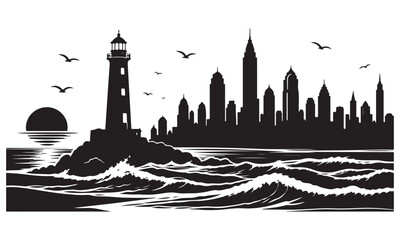 Naklejka premium Coastal city lighthouse silhouette, seaside city lighthouse, coastal scene, vector isolated on white