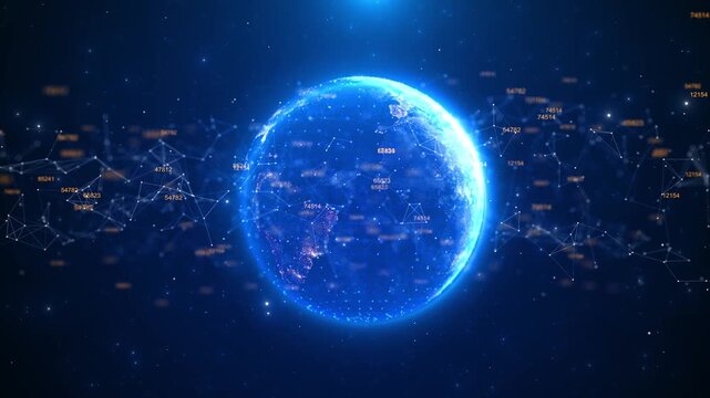 Glowing Earth network background blue planet sphere, connected nodes, floating numbers, starry digital space. for global business videos, telecom promos, data analytics, world news, tech overlays.