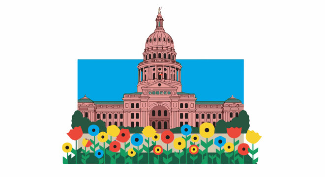 A pink capitol building is framed by a bright blue sky and vibrant spring flowers