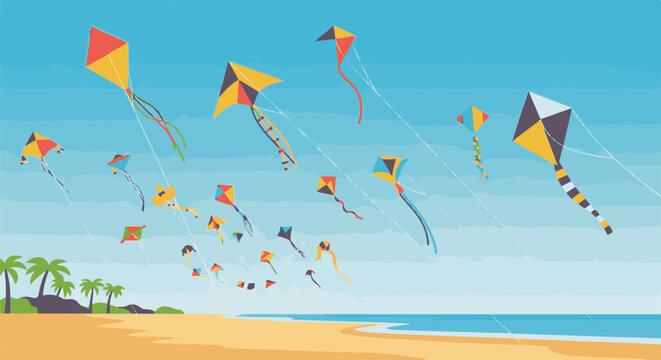 Colorful kites soar high on a breezy day over a sandy beach and ocean