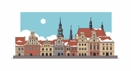 Obraz premium Stylized line art of European townhouses with red roofs and snow