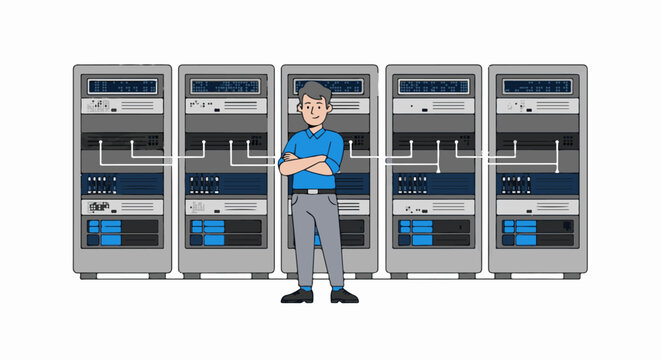Server technician standing confidently in front of computer racks