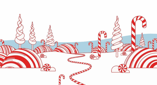 Whimsical candy cane landscape with lollipop trees and peppermint hills