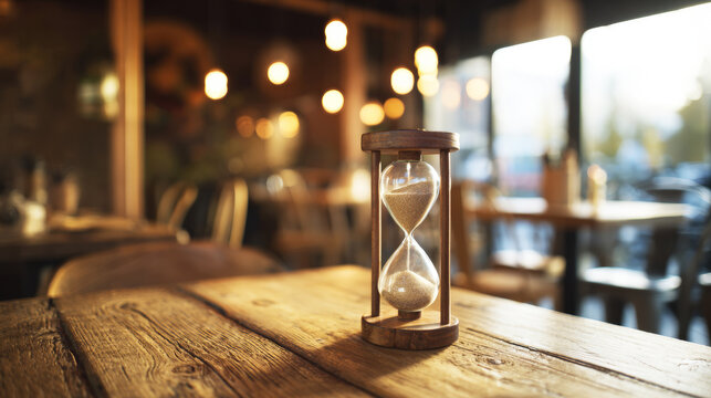 Hourglass counting down time in a cozy cafe, sand flowing in a traditional timer device on rustic table