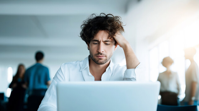 Young man feeling overwhelmed and frustrated while working on a laptop in an office, facing challenges and deadlines