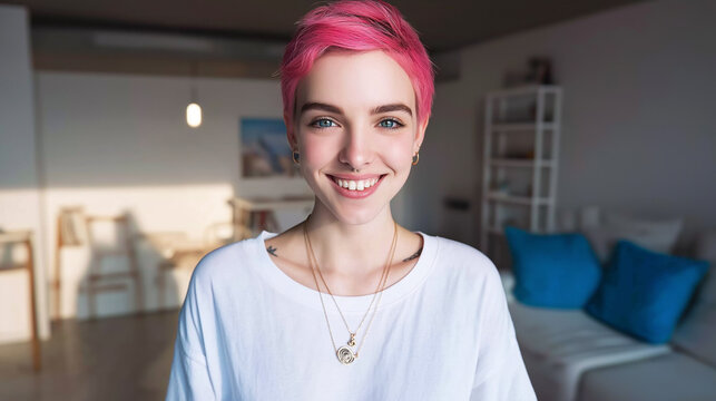 Young person smiling friendly, looking at camera with vibrant pink hair in bright home room