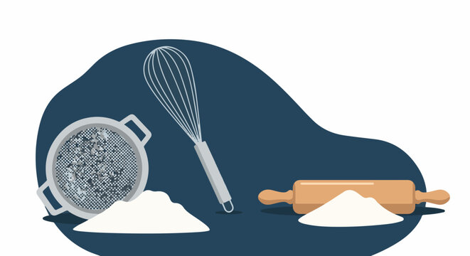 Baking tools whisk, sieve with flour, and rolling pin with flour