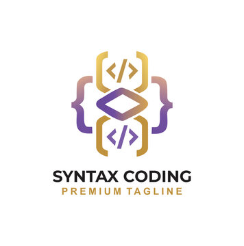 Professional modern syntax coding logo with brackets and code tags.
