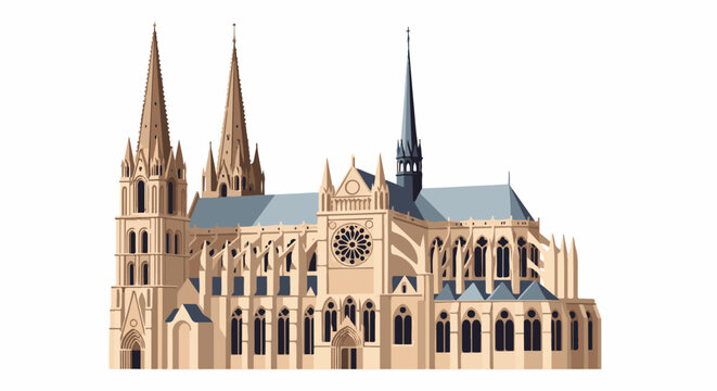 Pixelated Gothic cathedral with two prominent spires and rose window