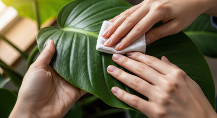 Fototapeta premium Hands carefully cleaning a large green leaf with a soft cloth.