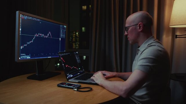 Trader man works at home using workstation and analysis stock chart. Workplace of crypto exchange broker. Global financial markets, business strategy, currency btc, investing. Laptop screen display