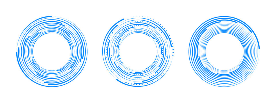 Futuristic emblem with layered radial curves, shimmering halftone dots, and abstract circular shapes.