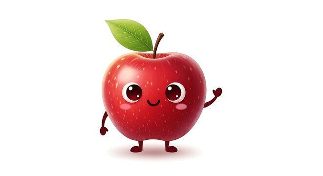 A friendly cartoon apple with big eyes, a smile, a leaf, and small arms and legs, waving on a white background