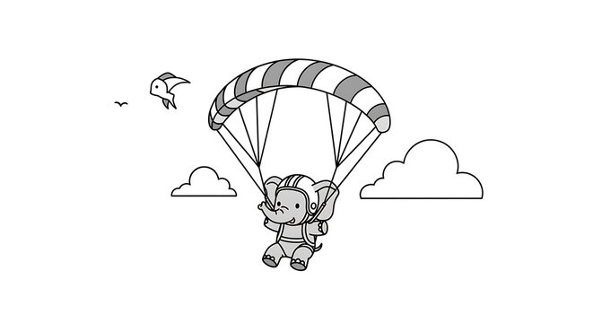 A grayscale illustration of a cartoon elephant using a parachute, floating through the sky near puffy clouds