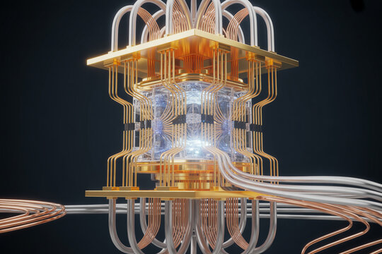 Quantum computer hardware, cryogenic cooling system, superconducting quantum processor, futuristic technology