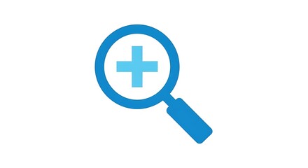 Fototapeta premium A magnified symbol, rendered in vibrant blue, depicts a plus sign within a magnifying glass, set against a pristine white backdrop. This image signifies increase or improvement
