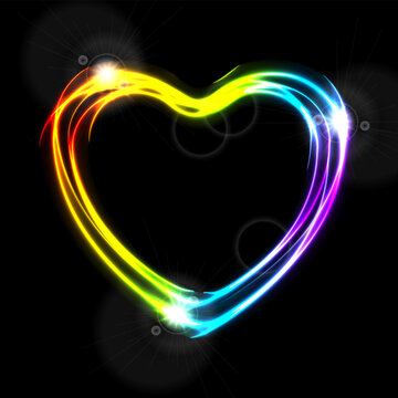 Glowing neon LGBT rainbow heart on dark background with light flares and effects. Vector for LGBTQ pride, romantic, and abstract digital designs