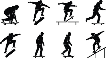 Collection of skateboarder silhouettes performing various tricks including kickflips, grinds, and jumps for urban sports culture, extreme street skating, and youth lifestyle design projects © Adib