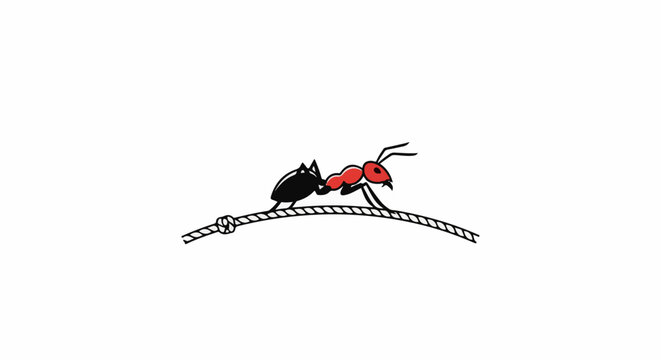 Single red and black ant carefully walking on a thick, knotted rope