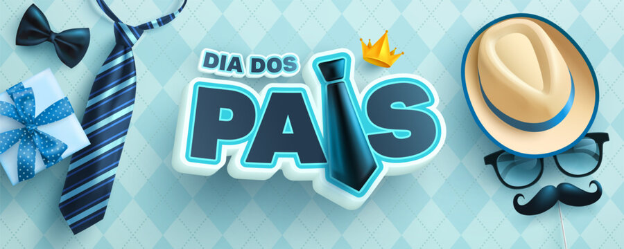 Happy Father's Day poster in portuguese language with hat,necktie and gift box on blue background.Greetings and presents for Father's Day in flat lay styling.