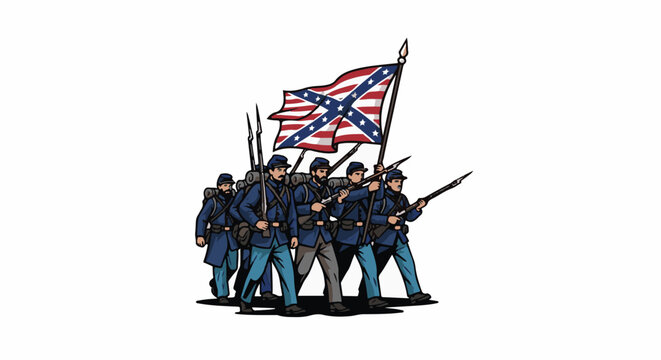 Soldiers marching in formation with a tattered flag