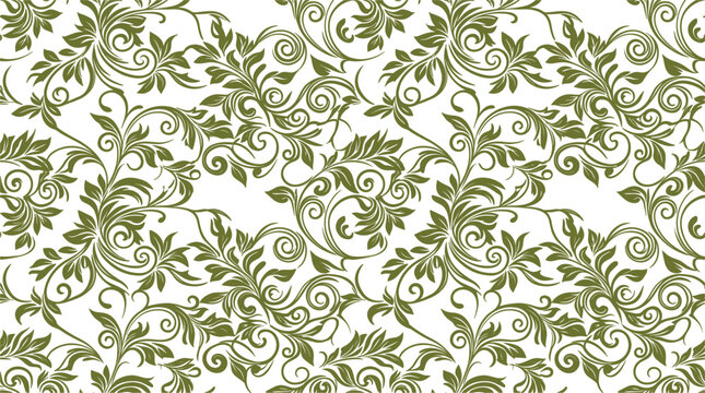Elegant green floral damask seamless pattern with vintage swirl scrolls and organic leaf motifs on a white background, perfect for luxury wallpaper, textile design, and decorative wrapping paper.