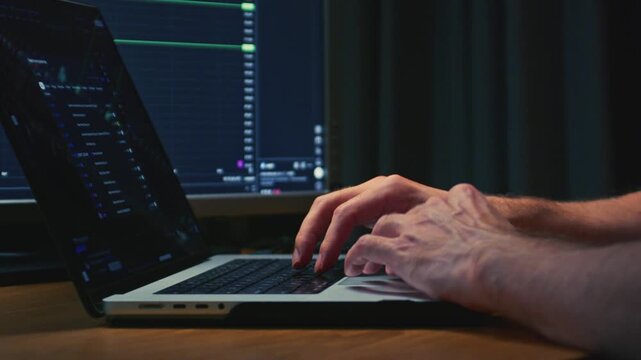 Man stock trader in home office, typing on a laptop keyboard. Male forex broker analyzes terminal, trades stocks on crypto market. Smartphone monitor, candlestick or trading charts, price action