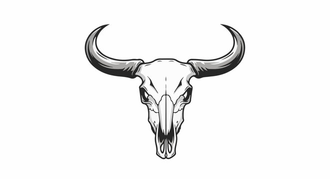 Stylized, monochrome illustration of a bull's skull with large, curved horns