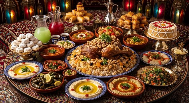 Assorted Middle Eastern dishes arranged on a traditional copper platter for a festive meal.