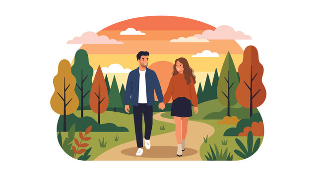 Flat style vector illustration of romantic couple walking hand in hand in park at sunset, love and relationship concept