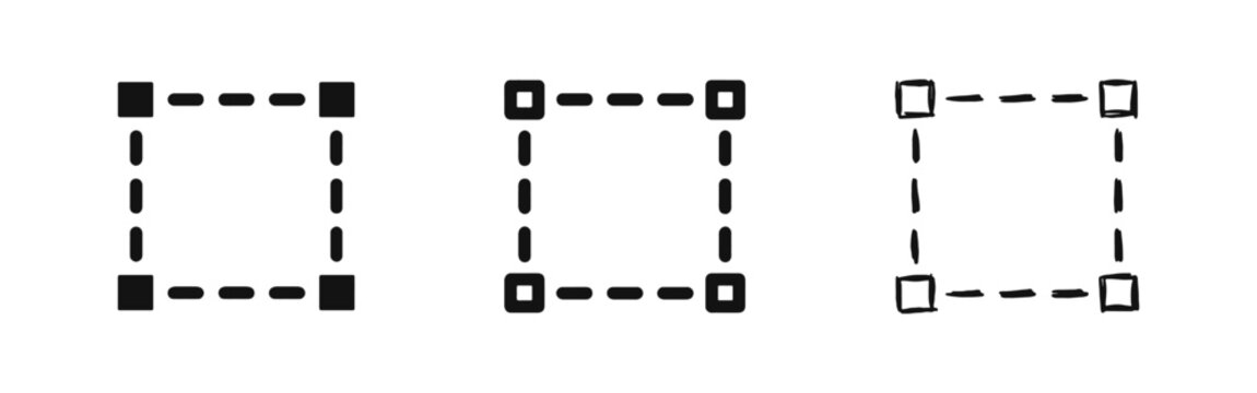 Design and Selection Tool Icon Set, Dotted Square Box Symbol in Three Styles