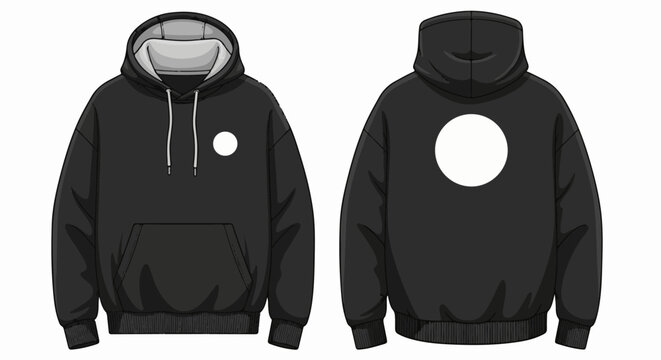 Two views of a black hooded sweatshirt with a white circular emblem on each