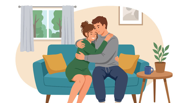 Flat style vector illustration of couple hugging in cozy living room, romantic home lifestyle concept