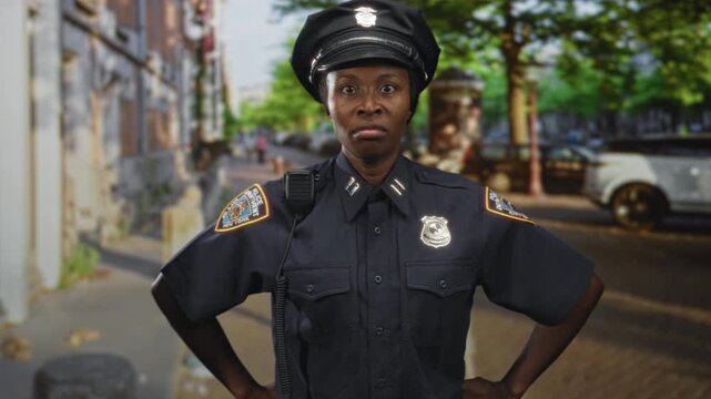 Woman police officer with badge visible, hands on hips and stern expression on a city street; duty vigilance.