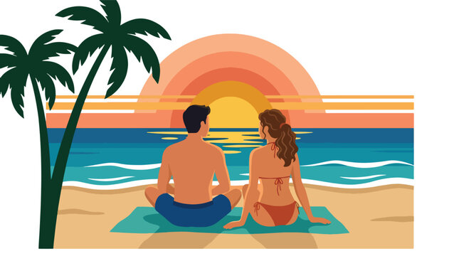 Flat style vector illustration of couple watching sunset by the sea, romantic beach relationship concept