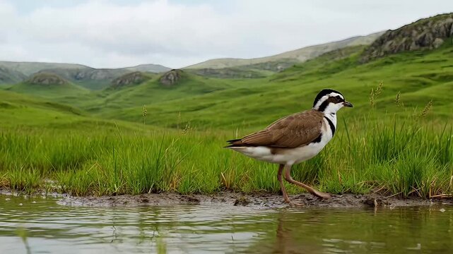 Piping plover standing in shallow water with rolling green hills in background