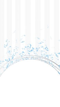 Blue musical note template with white copy space, soft staff lines, curved silver border, floating melody icons. for audio titles, lesson videos, concert screens, song promos, and music overlays.