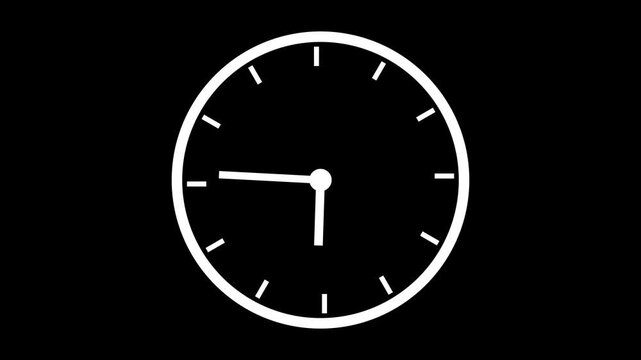 Black clock icon with moving arrows in 12 hour loop. Stopwatch animation. Alpha channel Analog wall clock spinning animation through the hours
