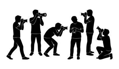 People photographer silhouette collection vector with camera shooting poses isolated on white background © AKTARUL ISLAM