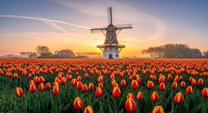 Windmill and tulip field at sunrise keukenhof netherlands with windmill netherlands keukenhof landscape
