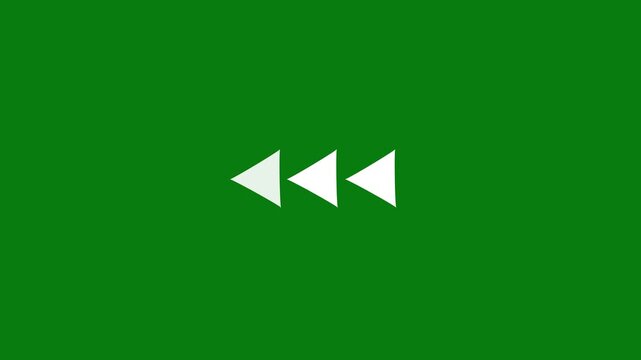 Rewind button with three white triangles pointing left on a solid green background representing fast backward motion or previous track selection in media playback controls